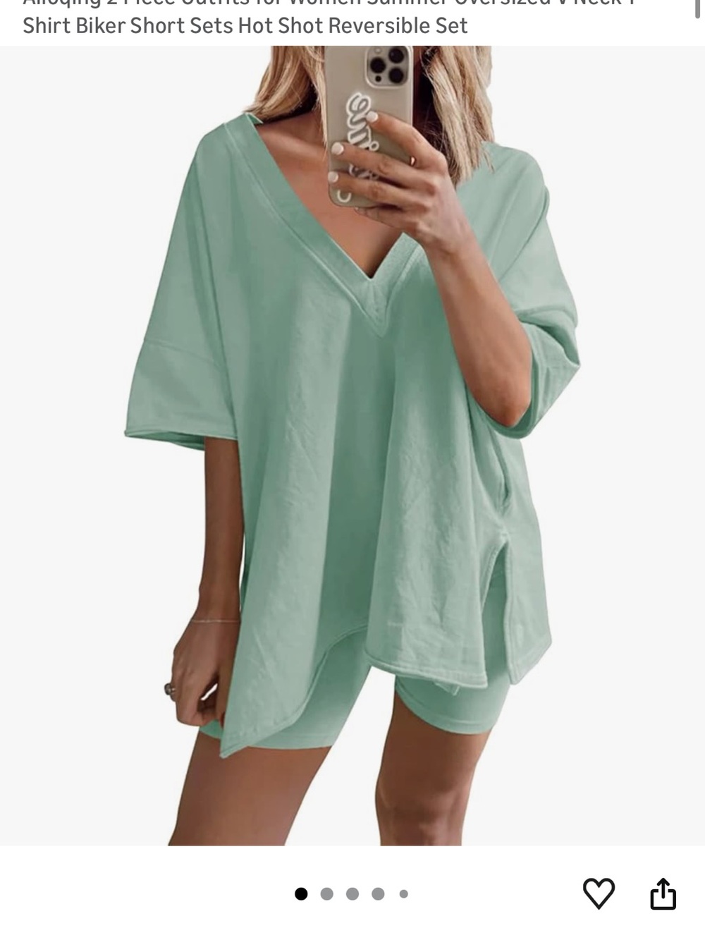 Green V-Neck Oversized Top with Matching Biker Shorts